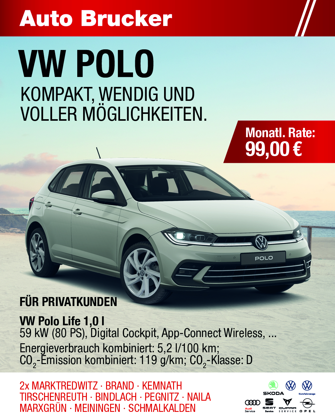 Privatleasing Angebot für den VW Polo Life 99 € monatliche Rate