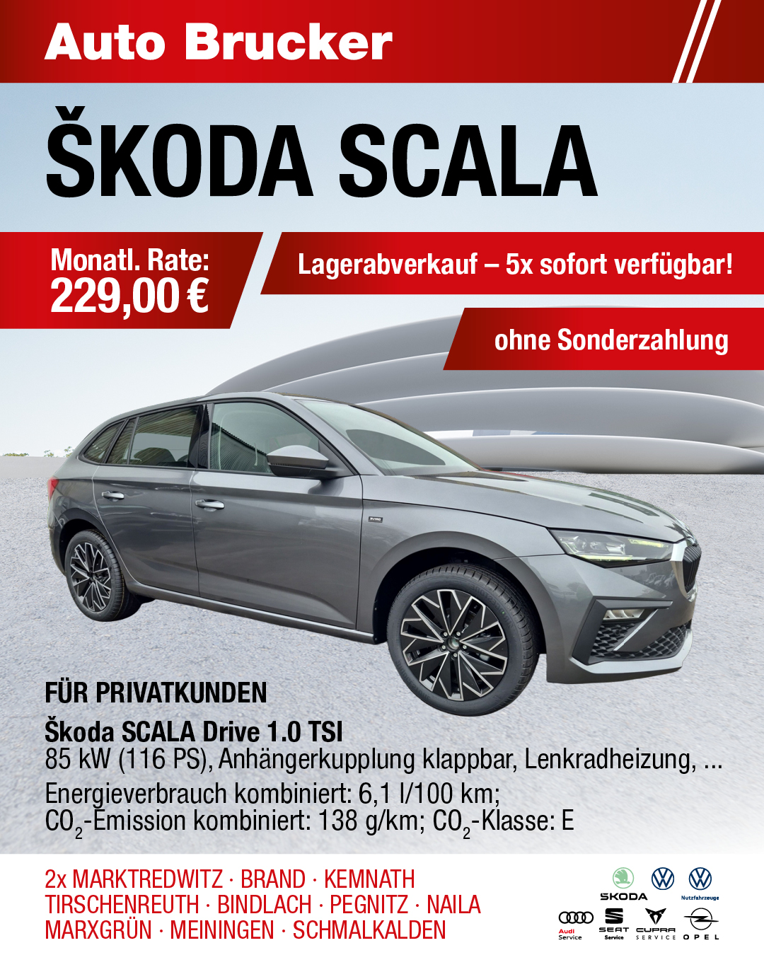 Privatleasing Angebot für den Skoda Scala 229 € monatliche Rate