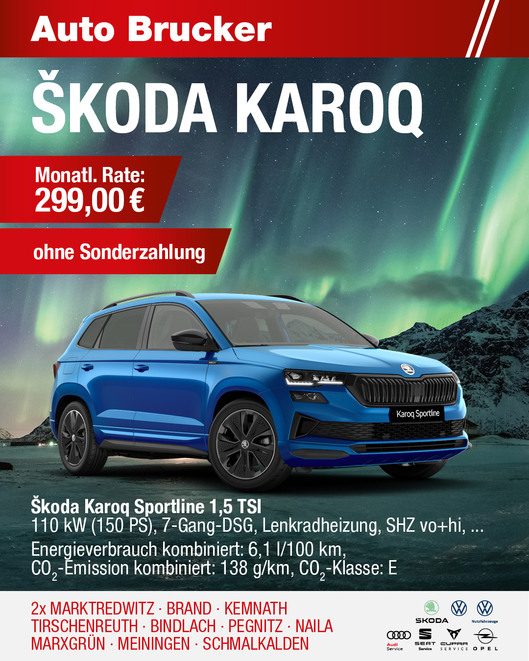 Privatleasing Angebot für den Skoda Karoq Sportline 299 € monatliche Rate