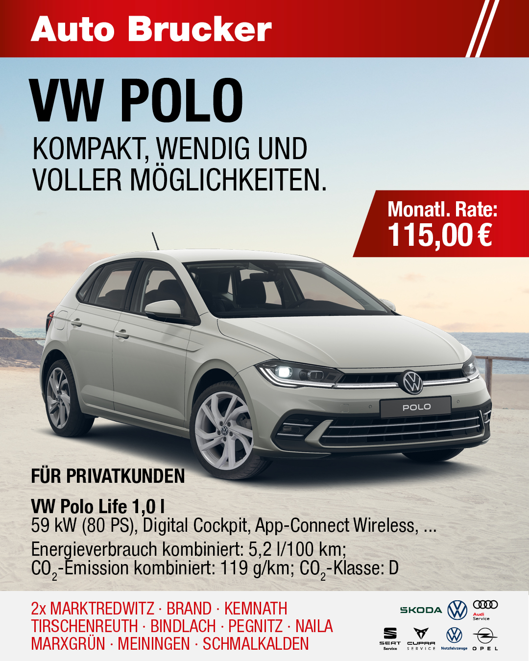 Privatleasing Angebot für den VW Polo Life 115 € monatliche Rate