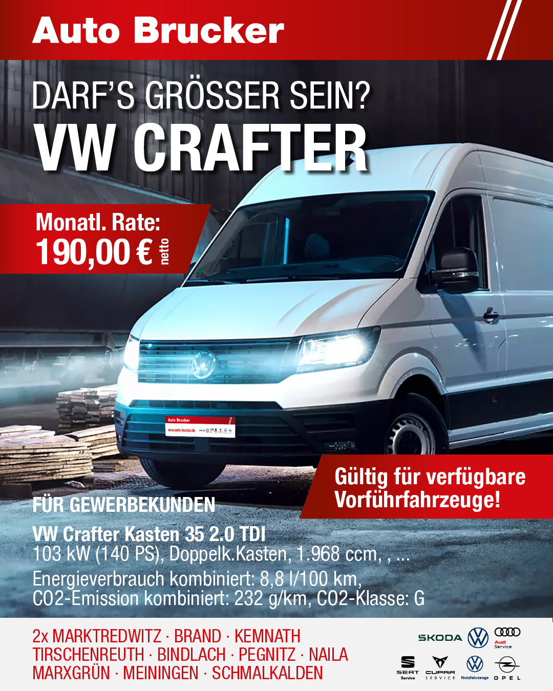 Finanzierung für Gewerbekunden für den VW Crafter 190 € monatliche Rate