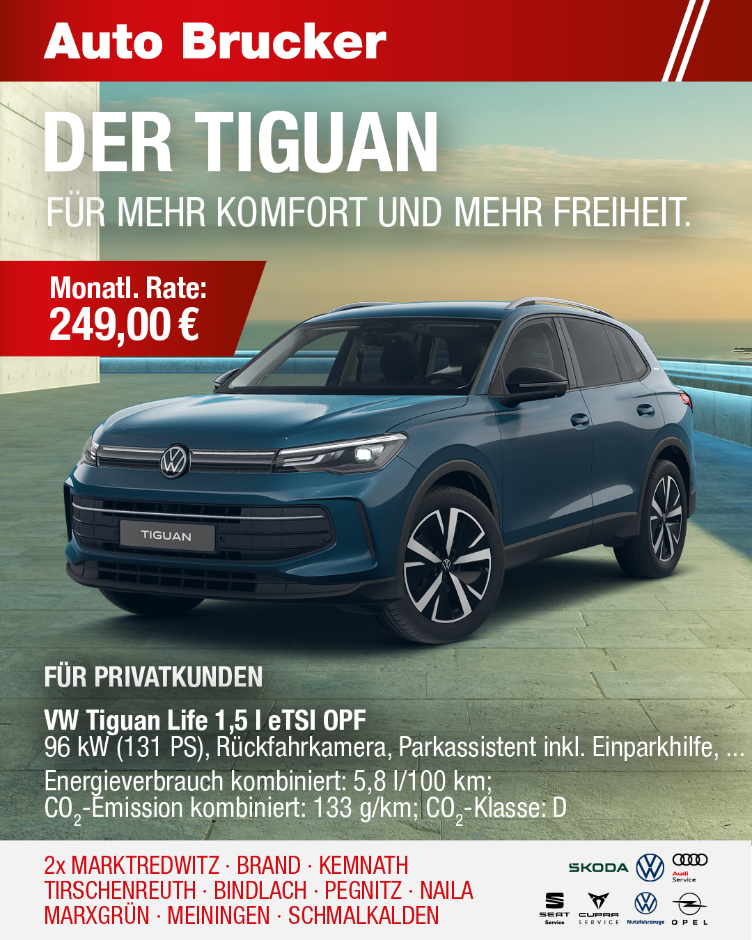 Leasing für Privatkunden Angebot für den VW Tiguan Life 249 € monatliche Rate