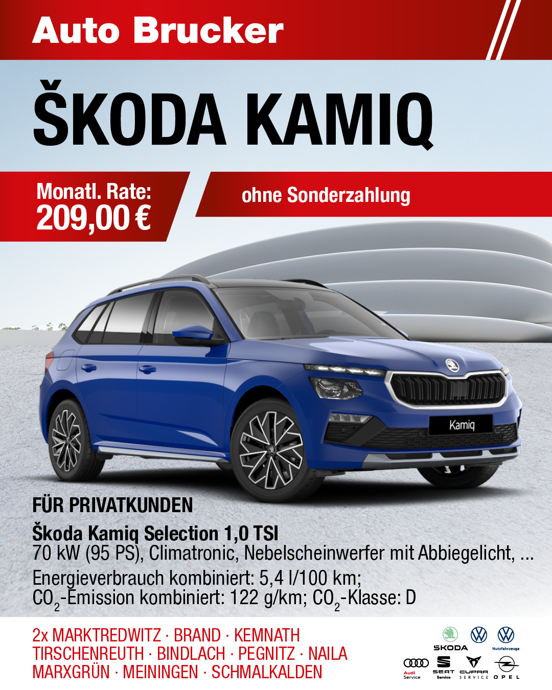 Privatleasing Angebot für den Skoda Kamiq 209 € monatliche Rate