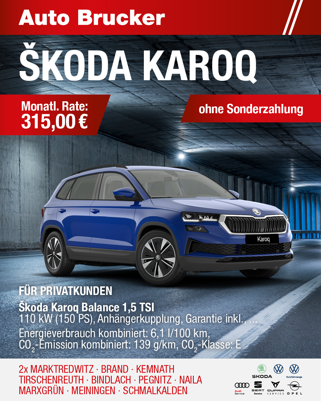 Privatleasing Angebot für den Skoda Karoq Balance 315 € monatliche Rate