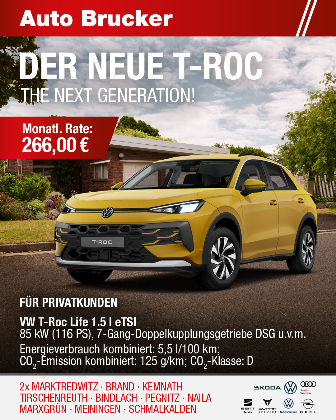 Privatleasingangebot für VW T-Roc Life 266,00 € monatliche Rate