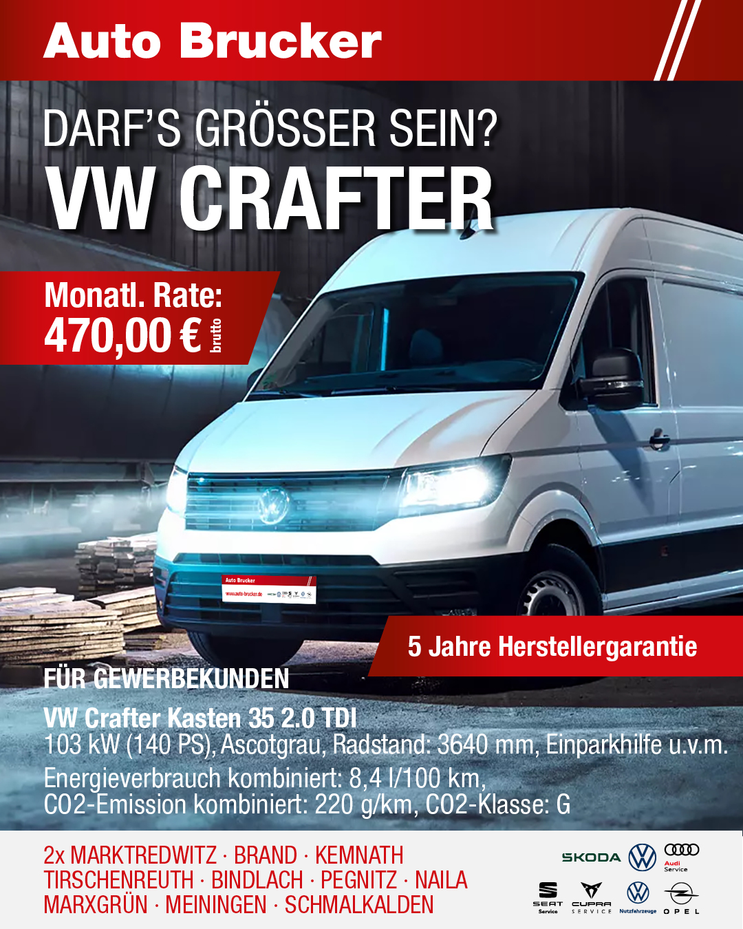 Finanzierung für Gewerbekunden für den VW Crafter 470,00 € monatliche Rate